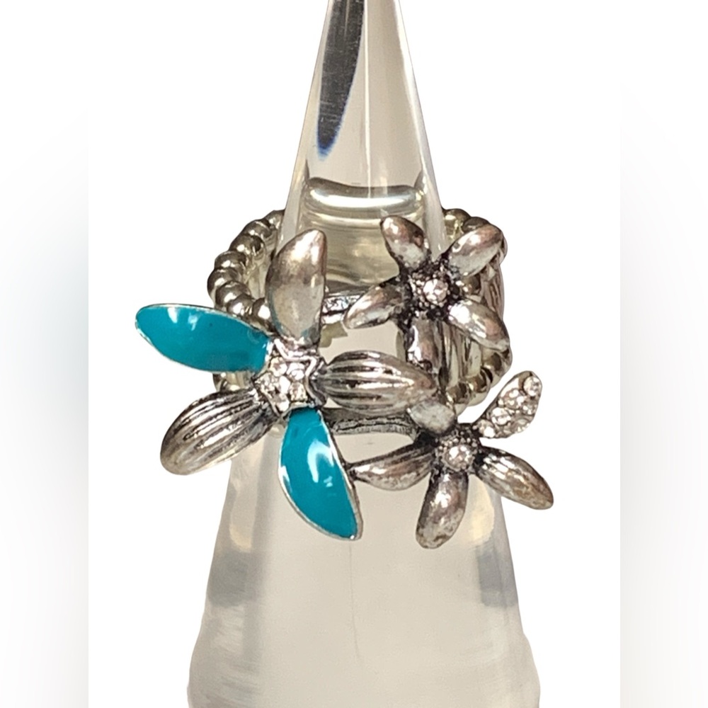 Turquoise Blue Silver Plated Clear Rhinestone  Flower Stretch Band Fashion Ring